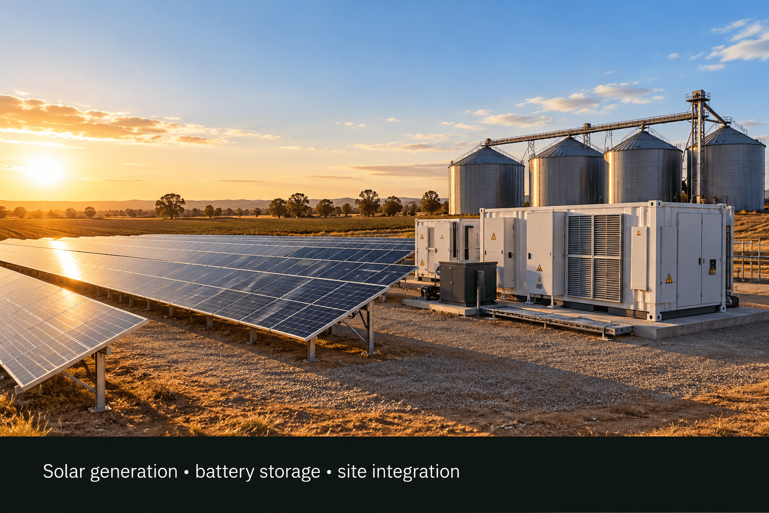 Conceptual render of commercial agricultural solar panels and battery storage beside grain silos at sunset